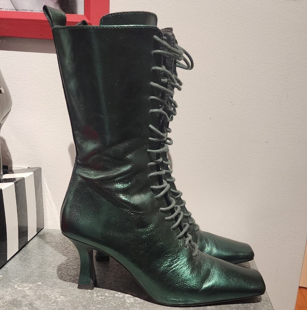 Metallic Green L'intervalle Square Toe Leather Boots